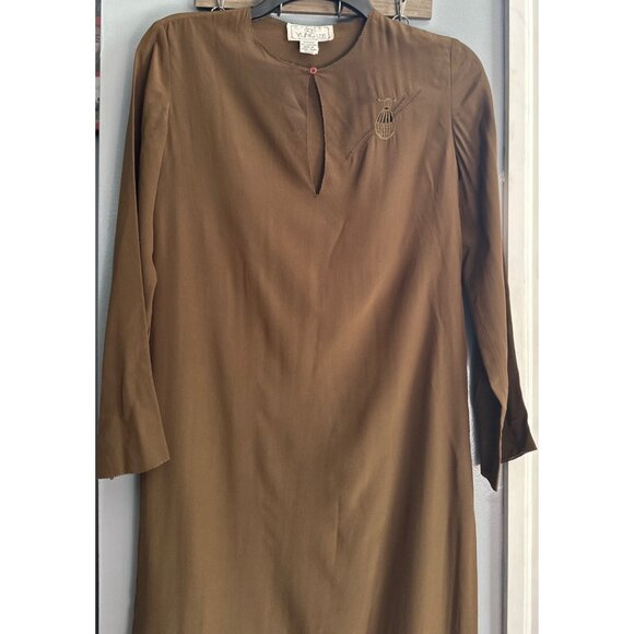 Soo Yung Lee 100% Silk Midi Dress Women’s Size 4 Dark Olive Green Quarter Sleeve - Picture 3 of 6